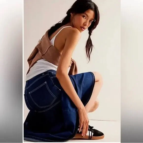 Free People We The Free Jordan Maxi Skirt Denim High Rise‎ Stretch Dark Wash 0&6 - Picture 4 of 9